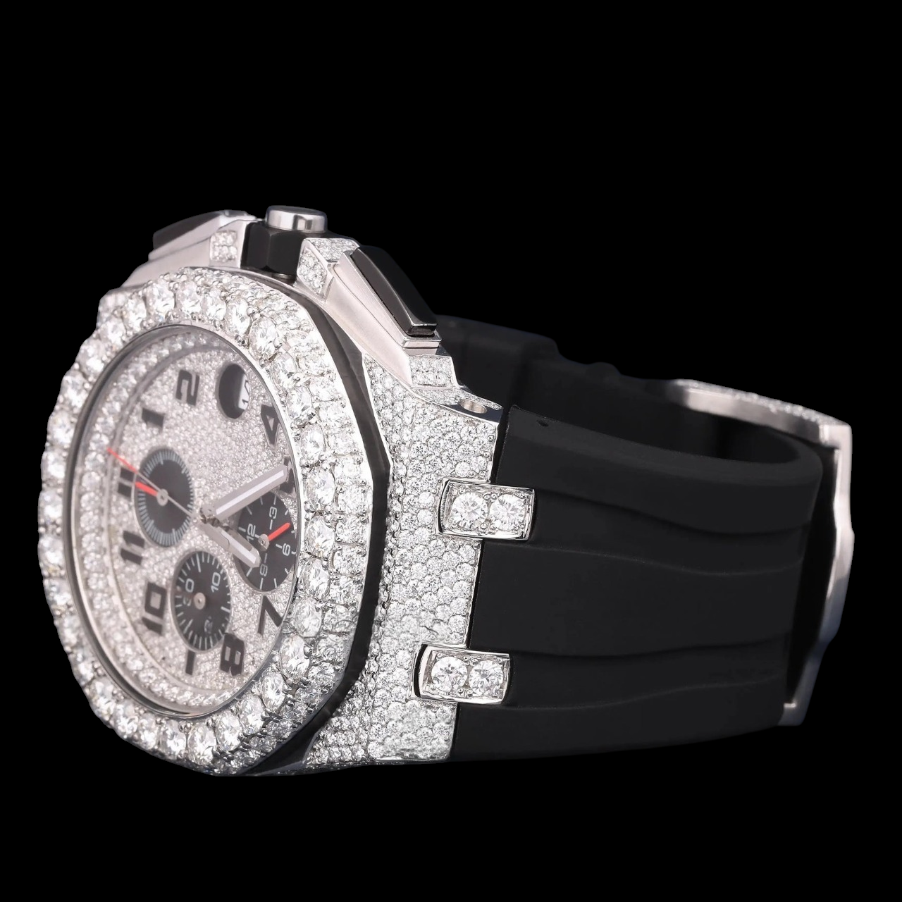 Silver Moissanite Watch VVS1 D Color Black Rubber Strap Watch