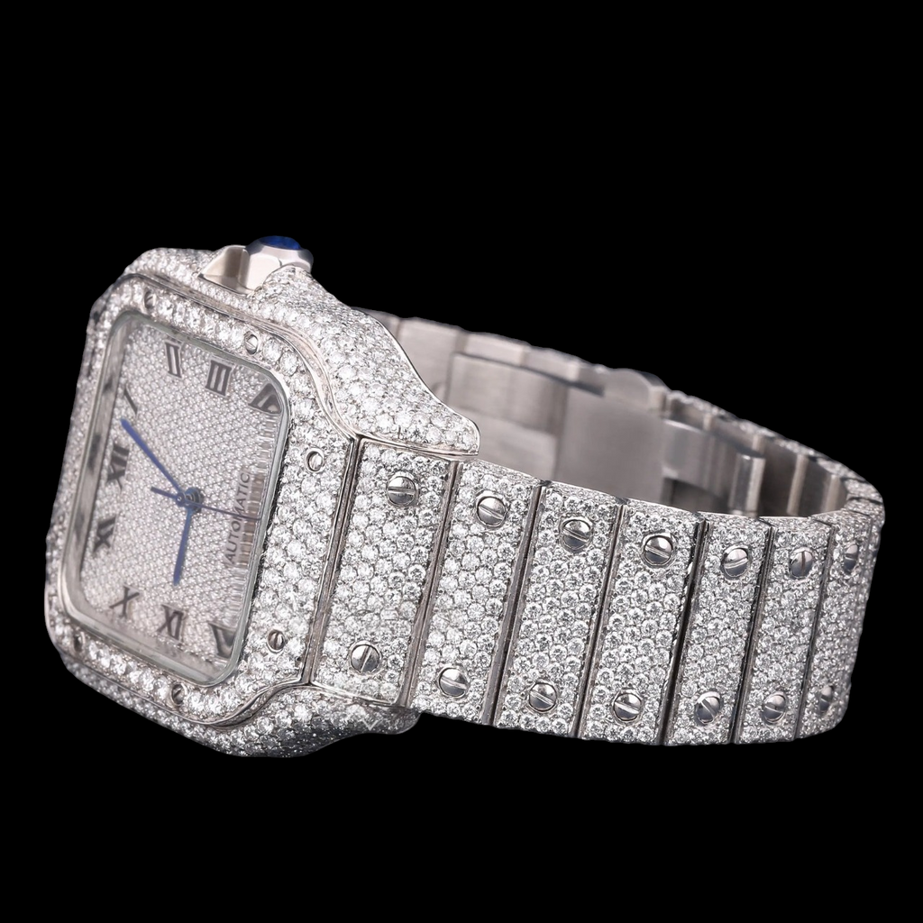 Luxury Silver Roman Moissanite Automatic Date Watch VVS1 D Color Fully Iced Out