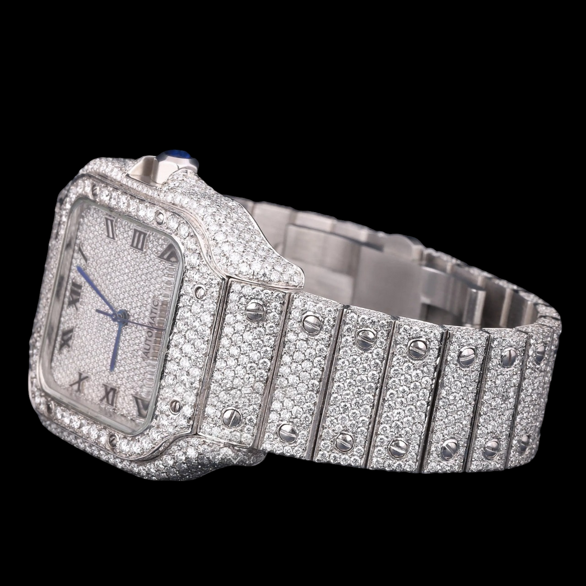 Luxury Silver Roman Moissanite Automatic Date Watch VVS1 D Color Fully Iced Out