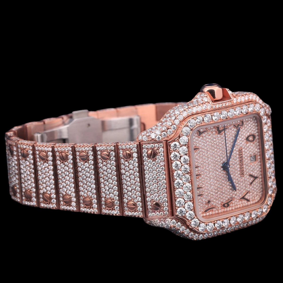 Luxury Rose Gold Arabic Moissanite Automatic Date Watch VVS1 D Color Fully Iced Out
