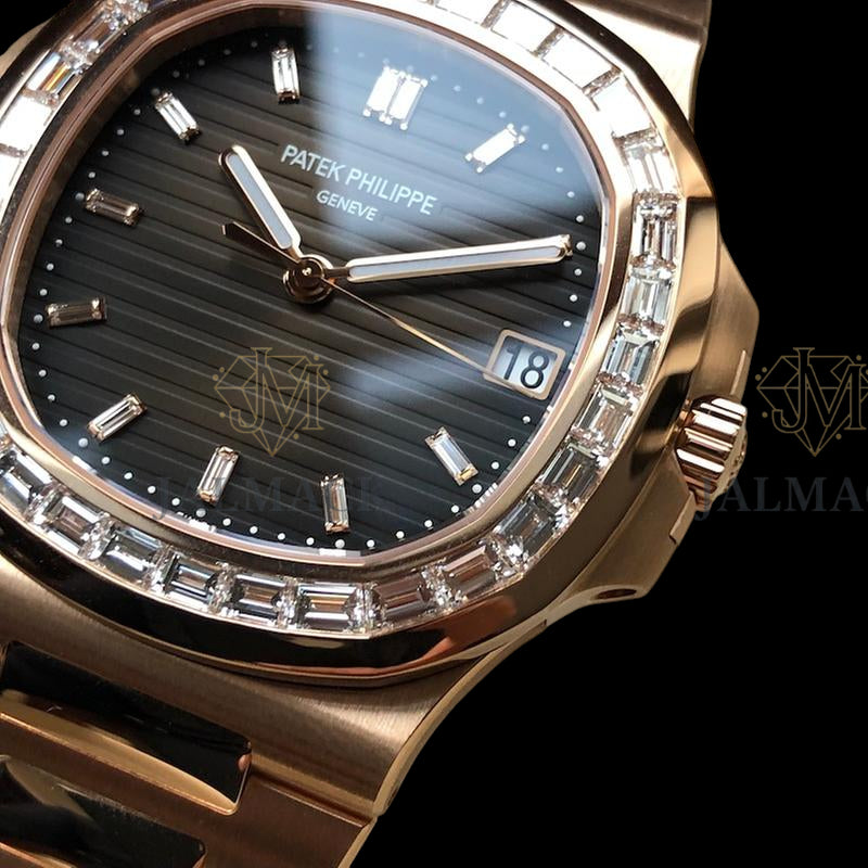 Rose Gold Black Dial Baguette-Cut Moissanite Automatic Watch