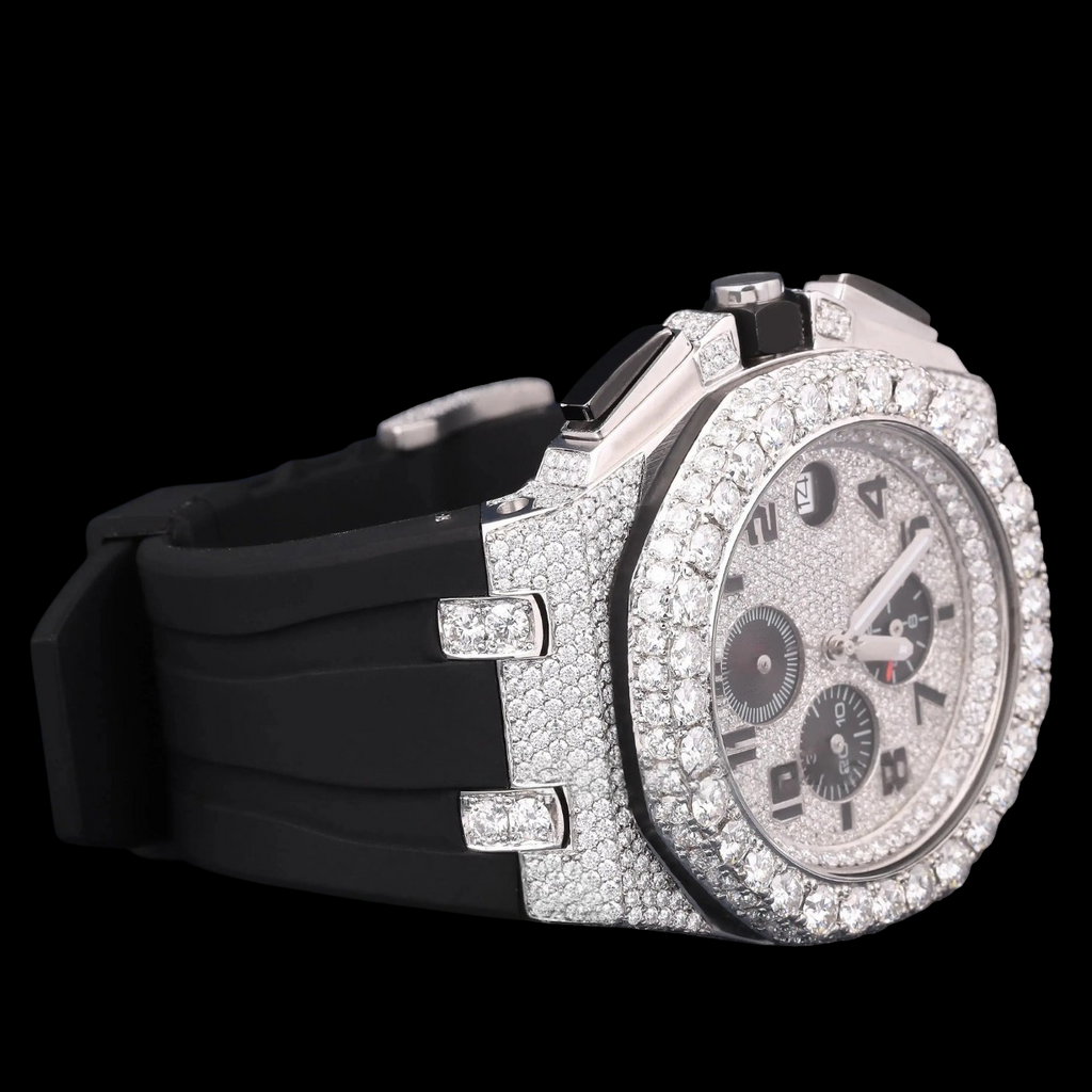 Silver Moissanite Watch VVS1 D Color Black Rubber Strap Watch