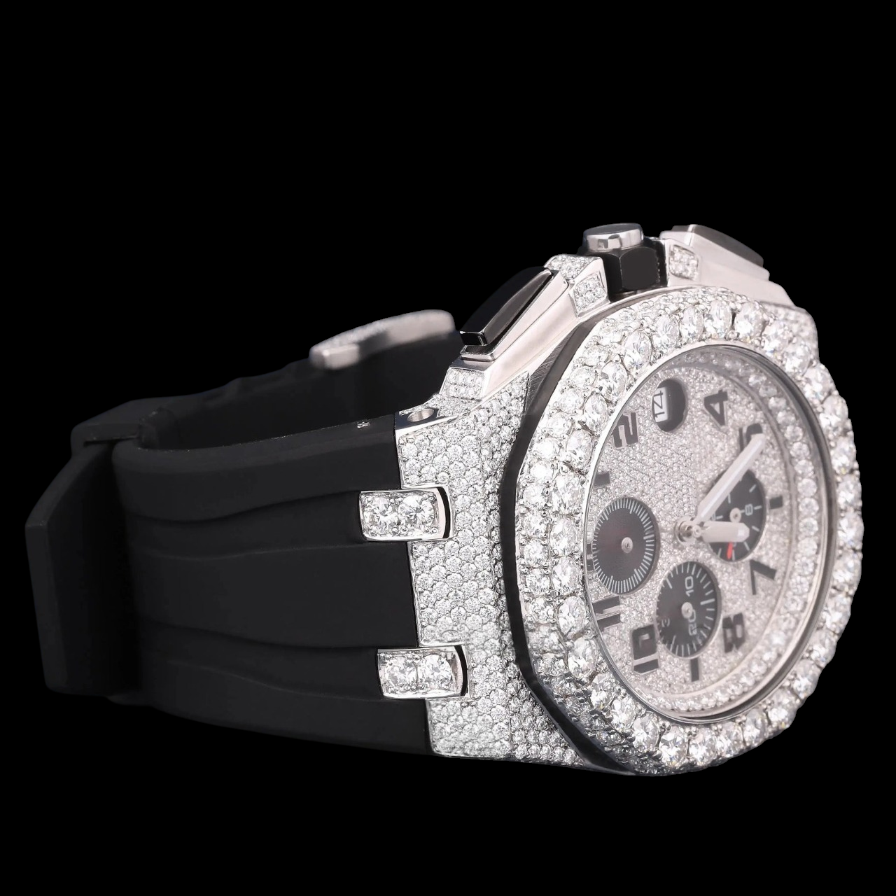 Silver Moissanite Watch VVS1 D Color Black Rubber Strap Watch
