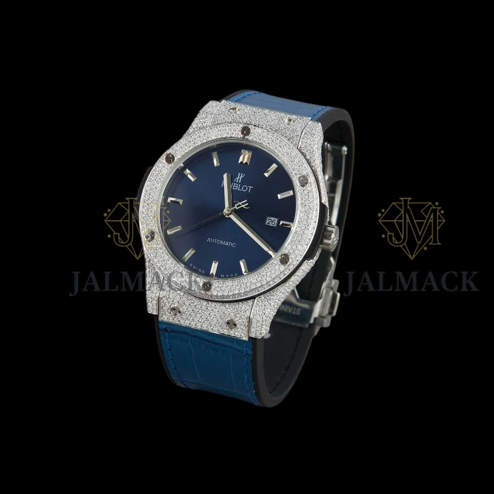 Blue Dial Fully Iced Moissanite Automatic Watch