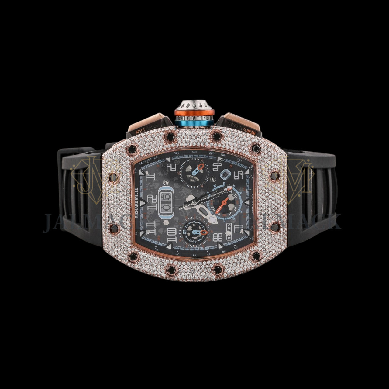 Black Dial Arabic Numeral Round-Cut Moissanite Multifunction Watch
