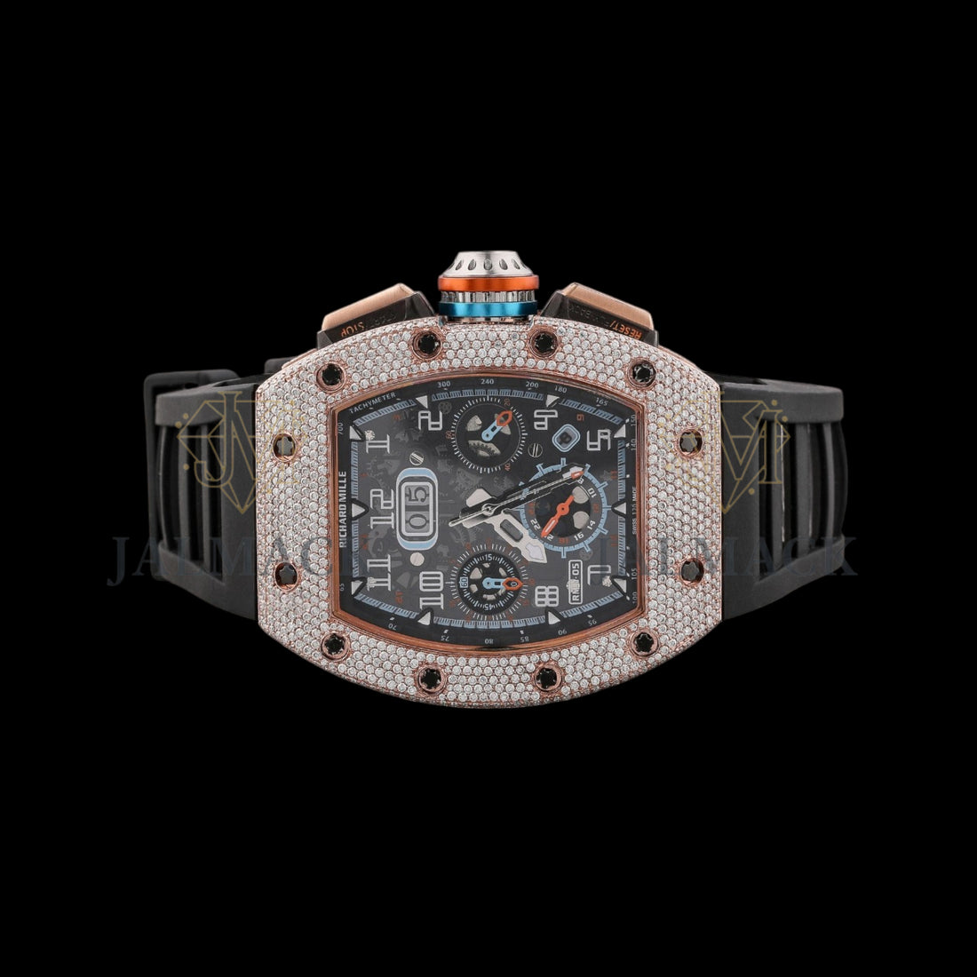 Black Dial Arabic Numeral Round-Cut Moissanite Multifunction Watch