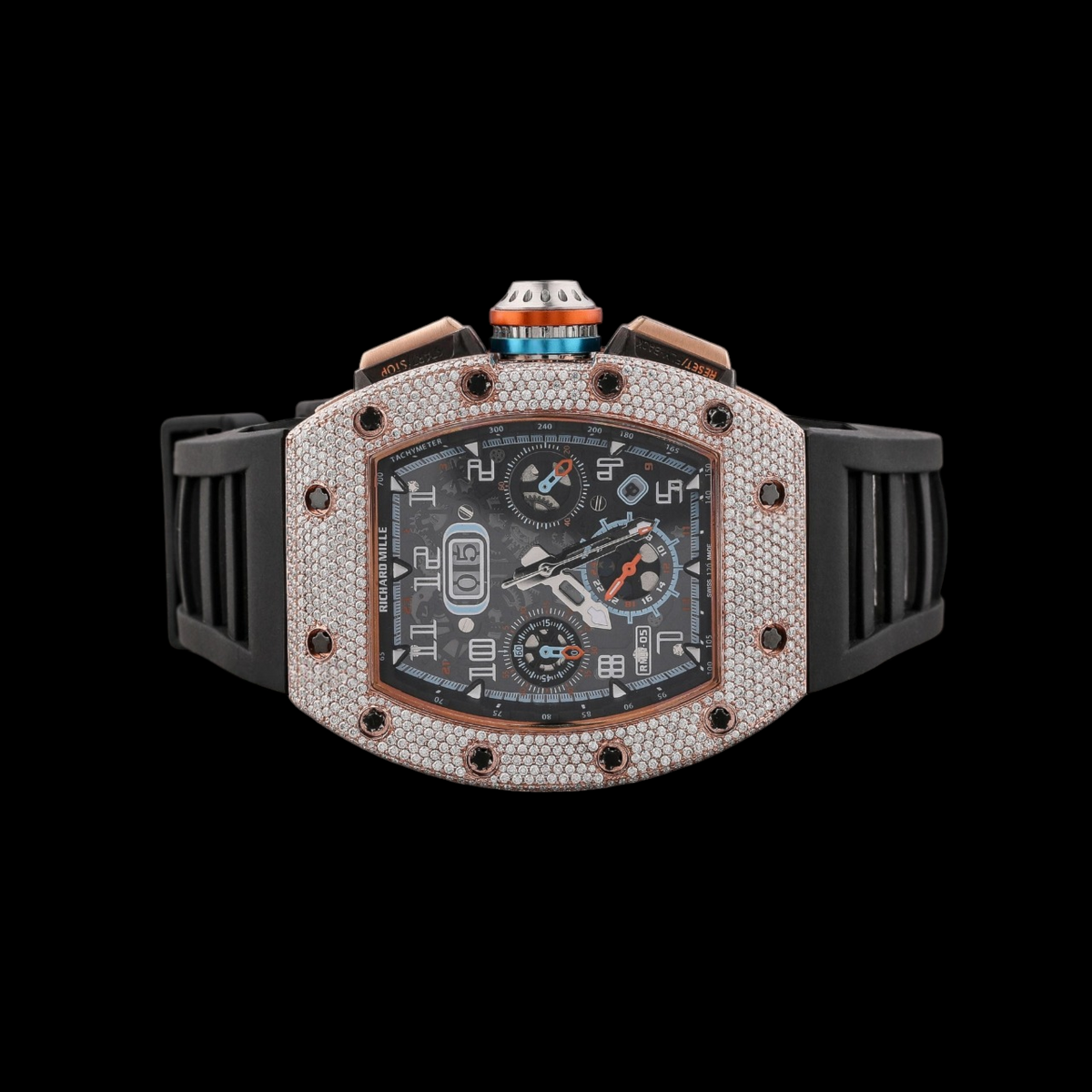 Black Dial Arabic Numeral Round-Cut Moissanite Multifunction Watch