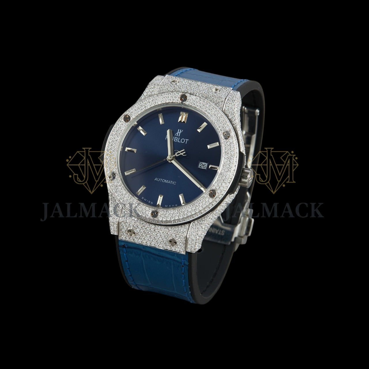 Blue Dial Baton Marker Round-Cut Moissanite Watch