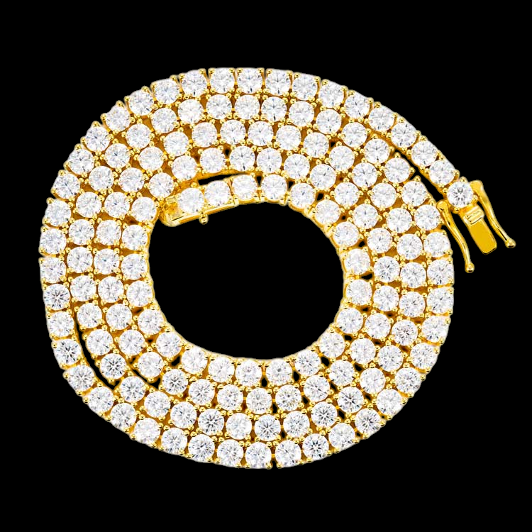 4MM Round Cut VVS Moissanite Tennis Chain Yellow Gold Plated 925 Sterling Silver