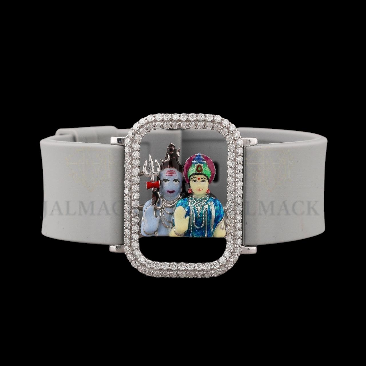 Silver Ganesha Moissanite Bracelet with White Silicone Strap Fully Iced Out
