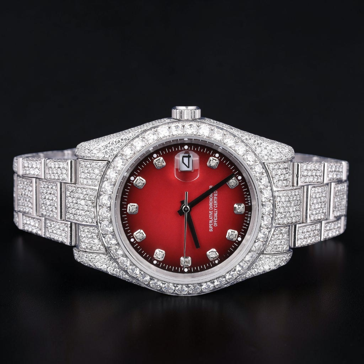Luxury Red Dial Moissanite Automatic Watch