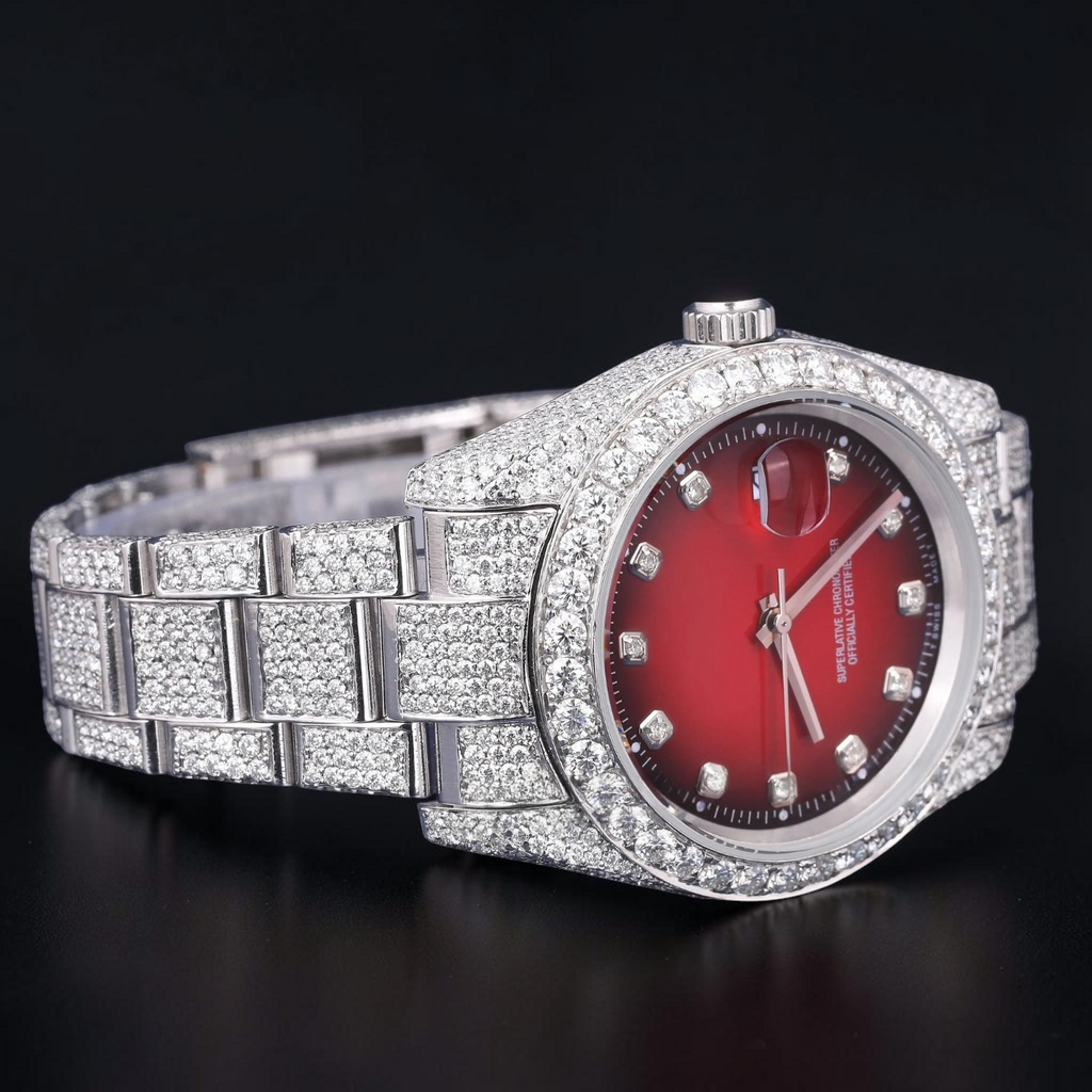 Luxury Red Dial Moissanite Automatic Watch