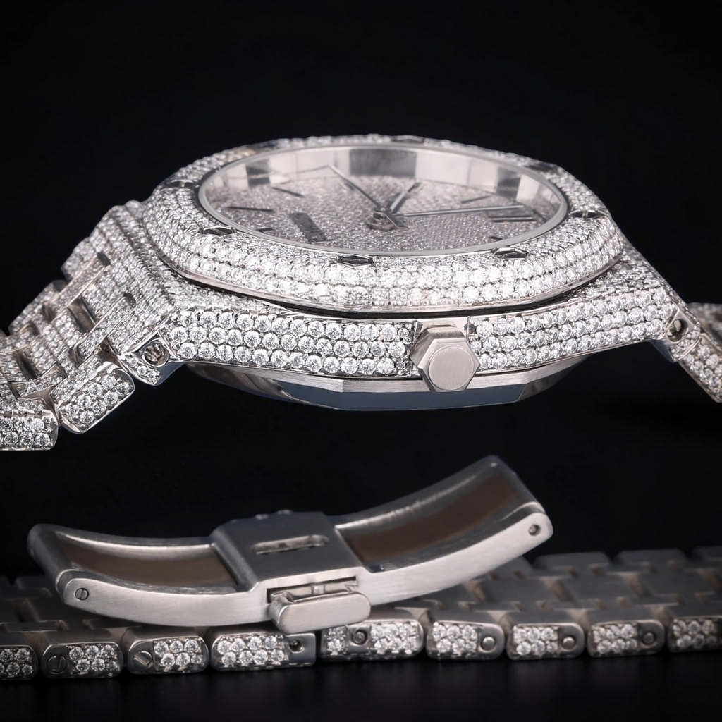 Luxury Silver Moissanite Automatic Watch VVS1 D Color Fully Iced Out