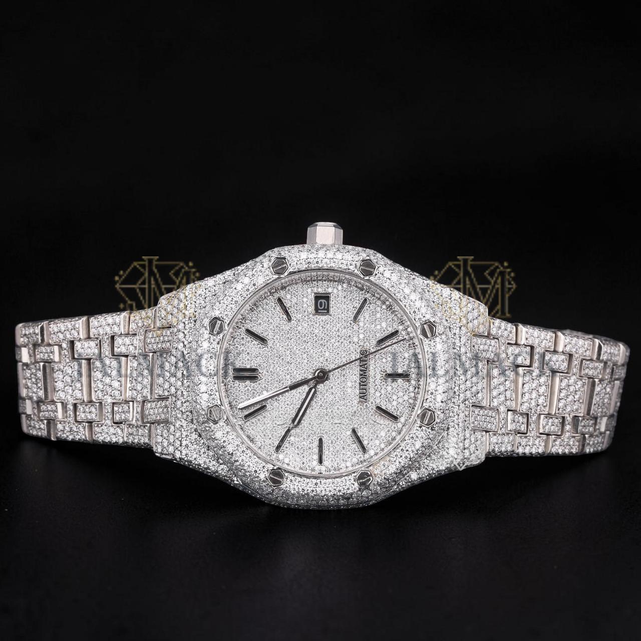 Luxury Silver Moissanite Automatic Watch VVS1 D Color Fully Iced Out
