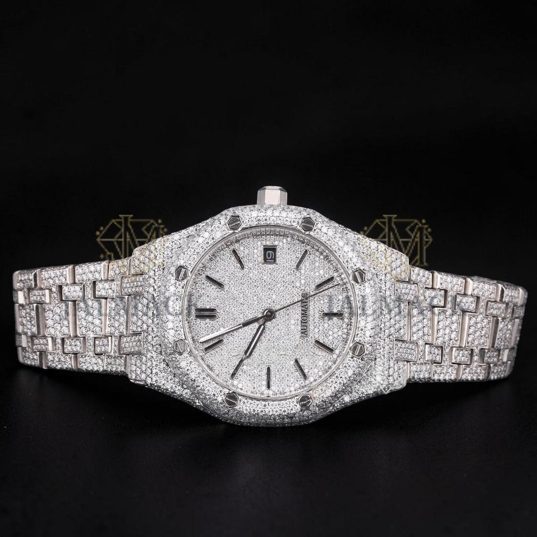 Luxury Silver Moissanite Automatic Watch VVS1 D Color Fully Iced Out