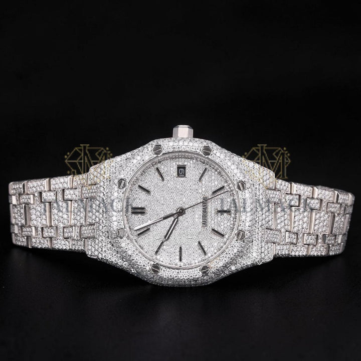 Luxury Silver Moissanite Automatic Watch VVS1 D Color Fully Iced Out