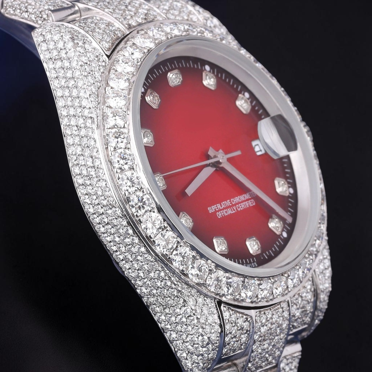 Luxury Red Dial Moissanite Automatic Watch