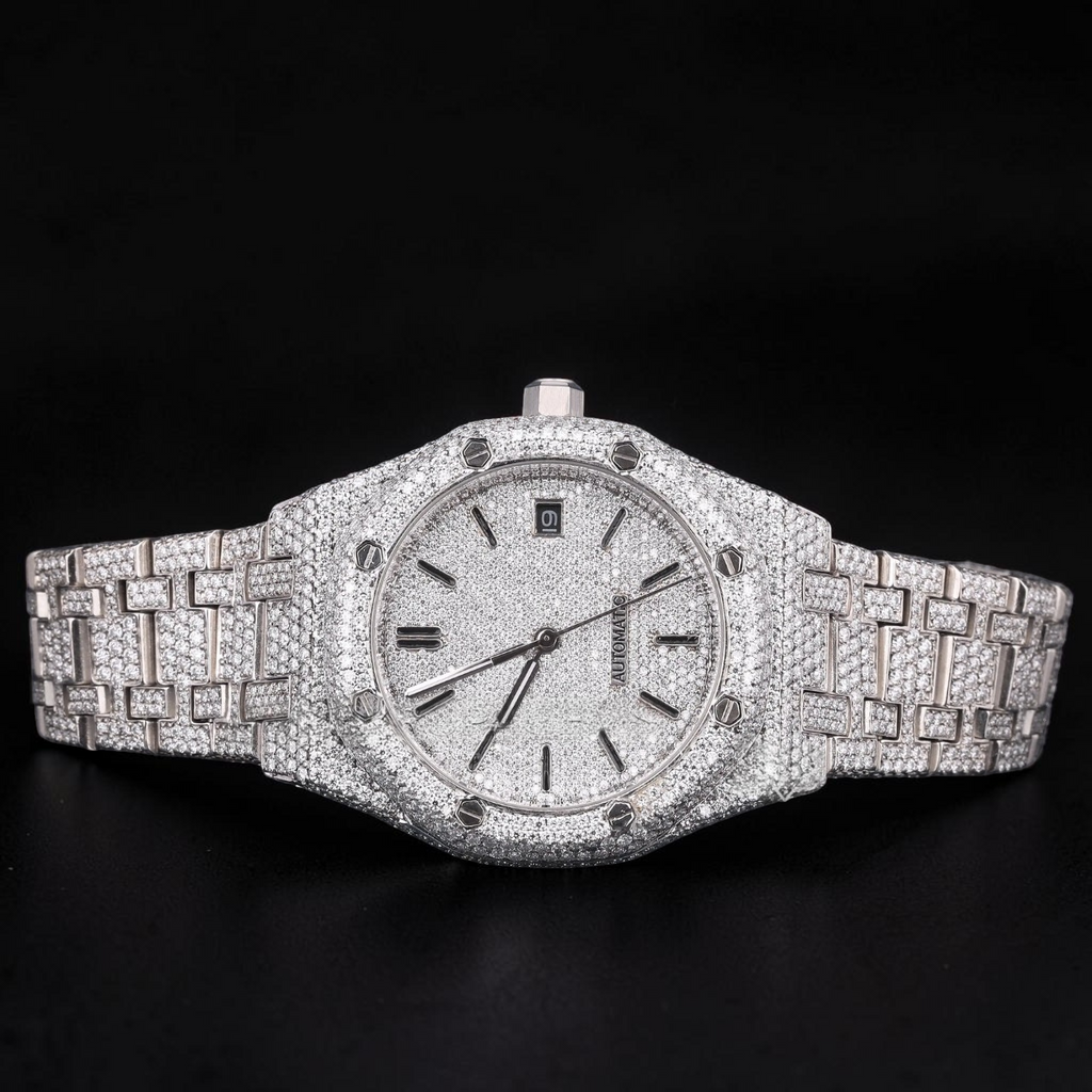 Luxury Silver Moissanite Automatic Watch VVS1 D Color Fully Iced Out