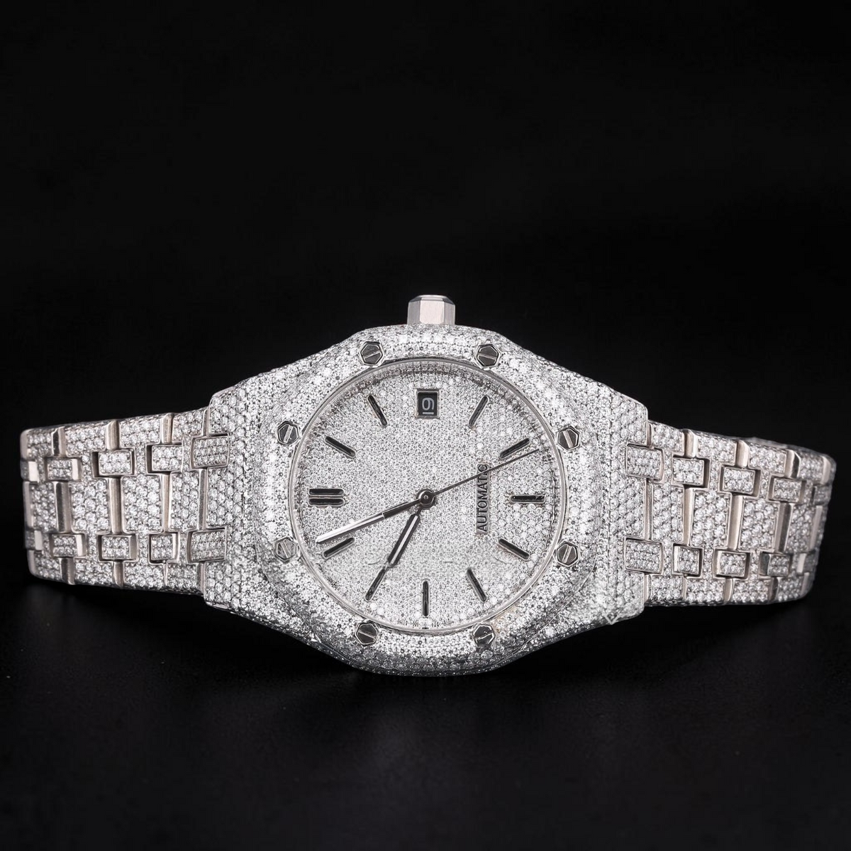 Luxury Silver Moissanite Automatic Watch VVS1 D Color Fully Iced Out