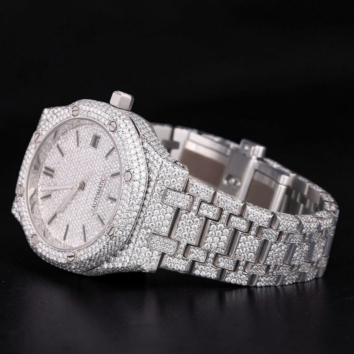 Luxury Silver Moissanite Automatic Watch VVS1 D Color Fully Iced Out