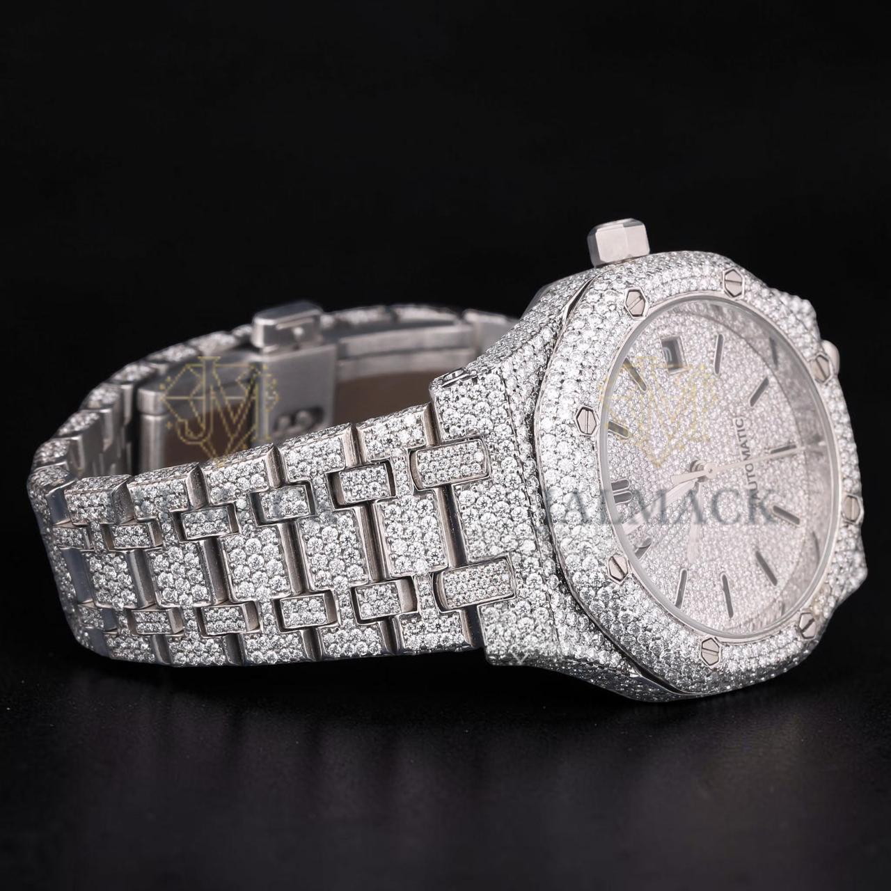 Luxury Silver Moissanite Automatic Watch VVS1 D Color Fully Iced Out
