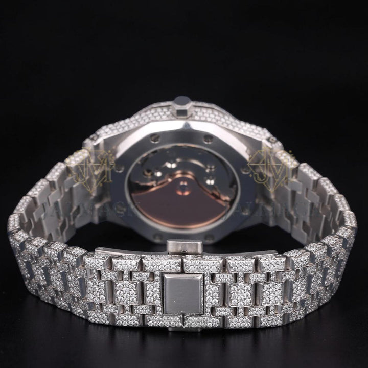 Luxury Silver Moissanite Automatic Watch VVS1 D Color Fully Iced Out