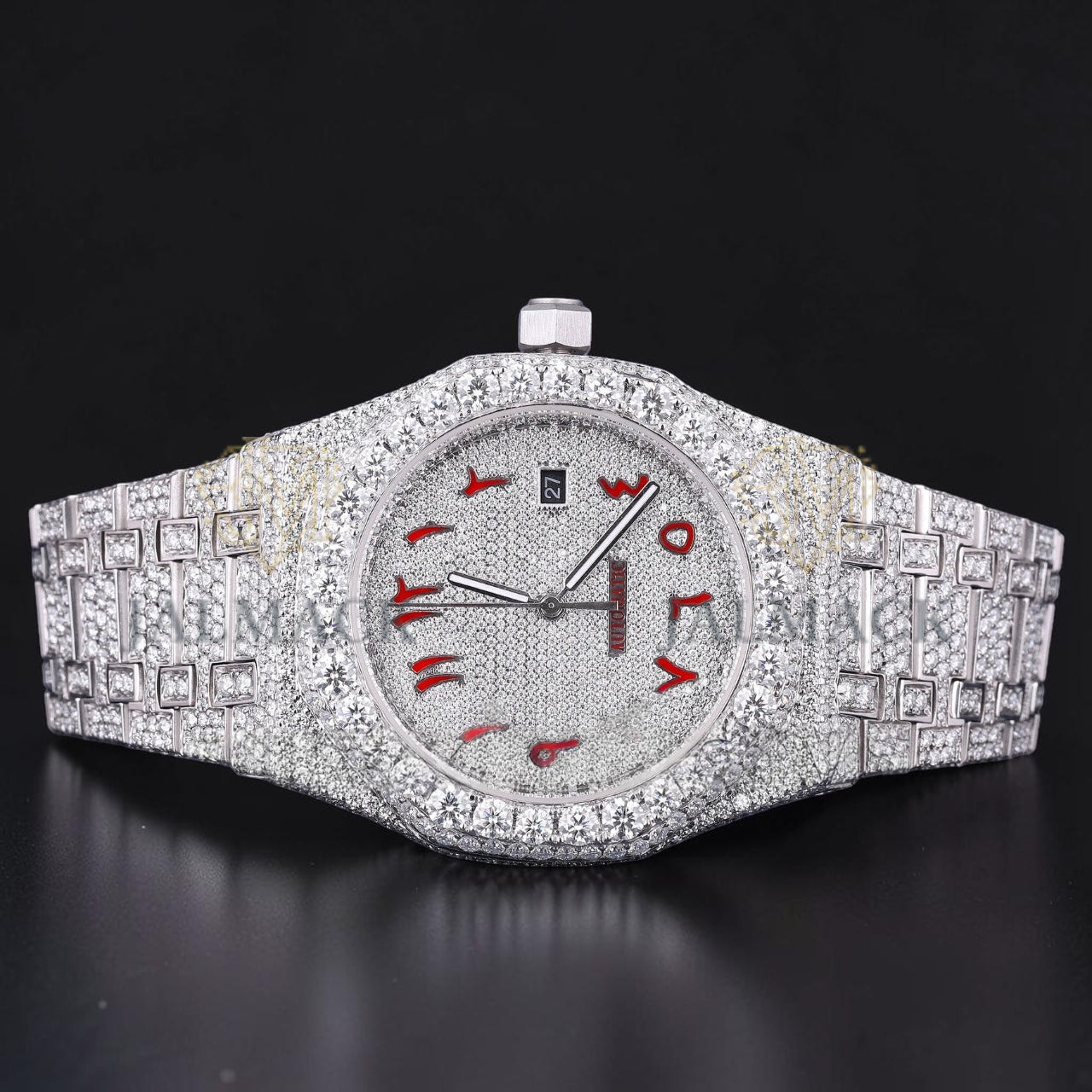 Red Arabic Letter Moissanite Diamond Dial Automatic Watch
