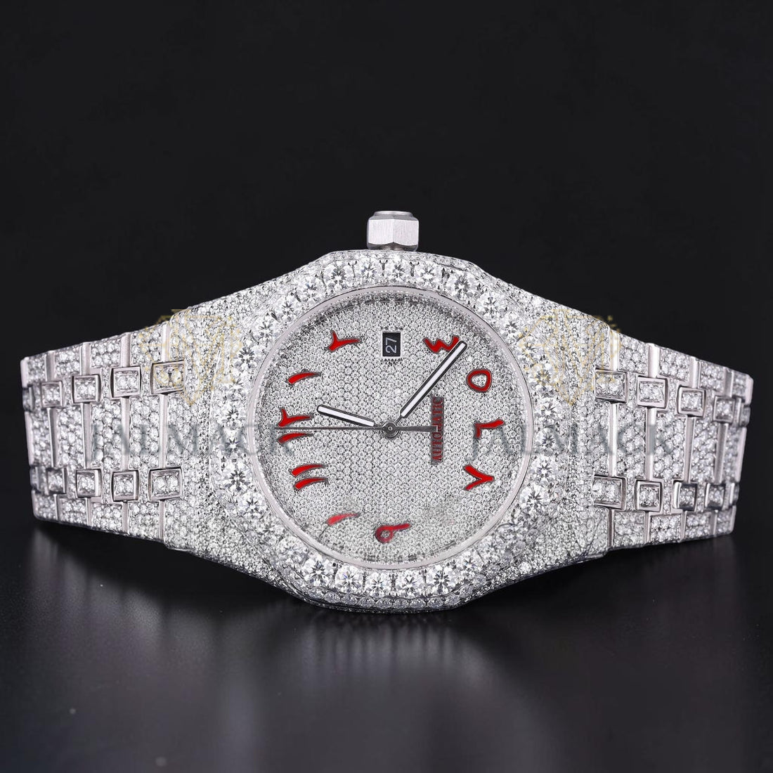 Red Arabic Letter Moissanite Diamond Dial Automatic Watch