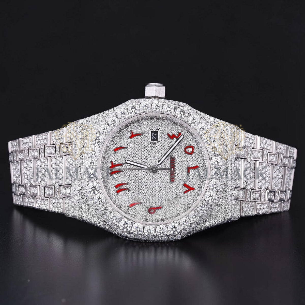 Red Arabic Letter Moissanite Diamond Dial Automatic Watch