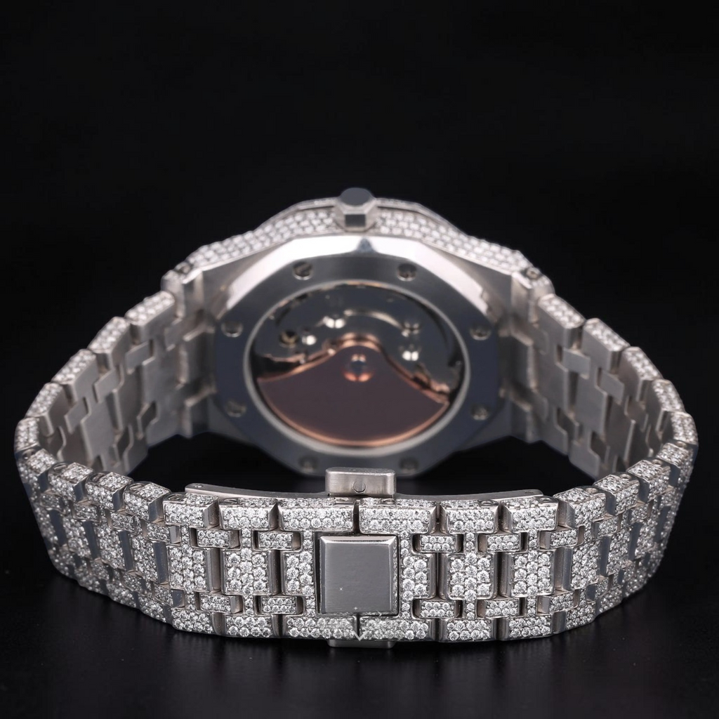 Luxury Silver Moissanite Automatic Watch VVS1 D Color Fully Iced Out