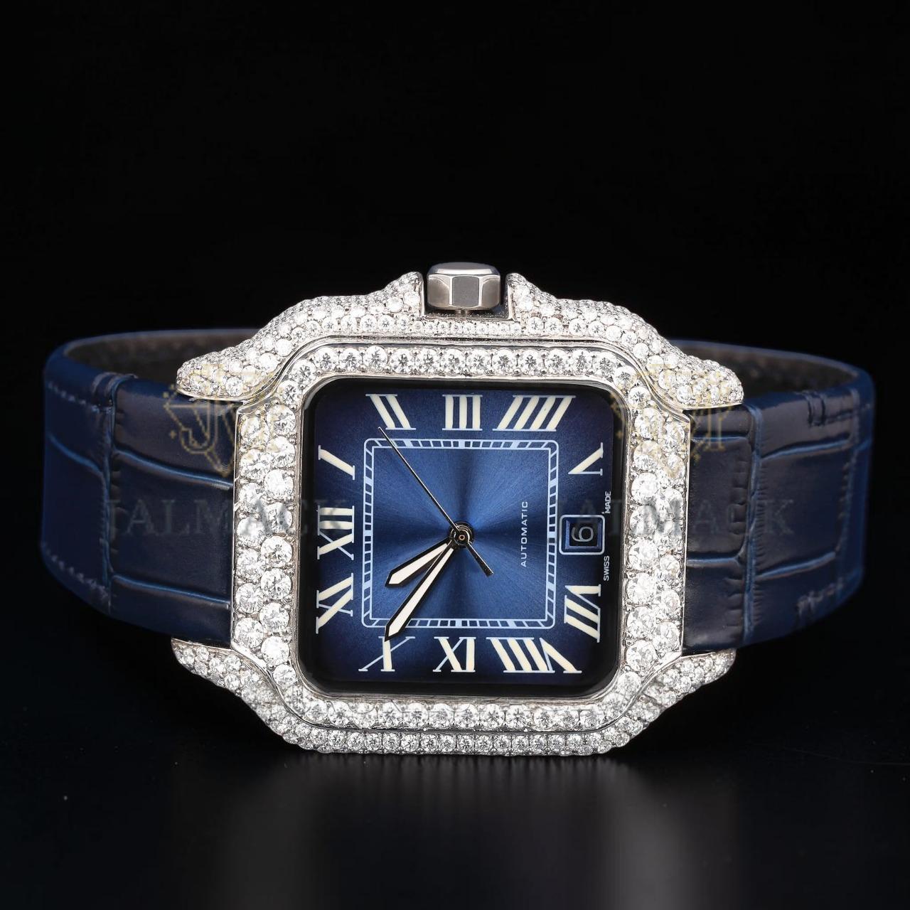 Blue Dial VVS1 D Color Moissanite Diamond Square Automatic Watch