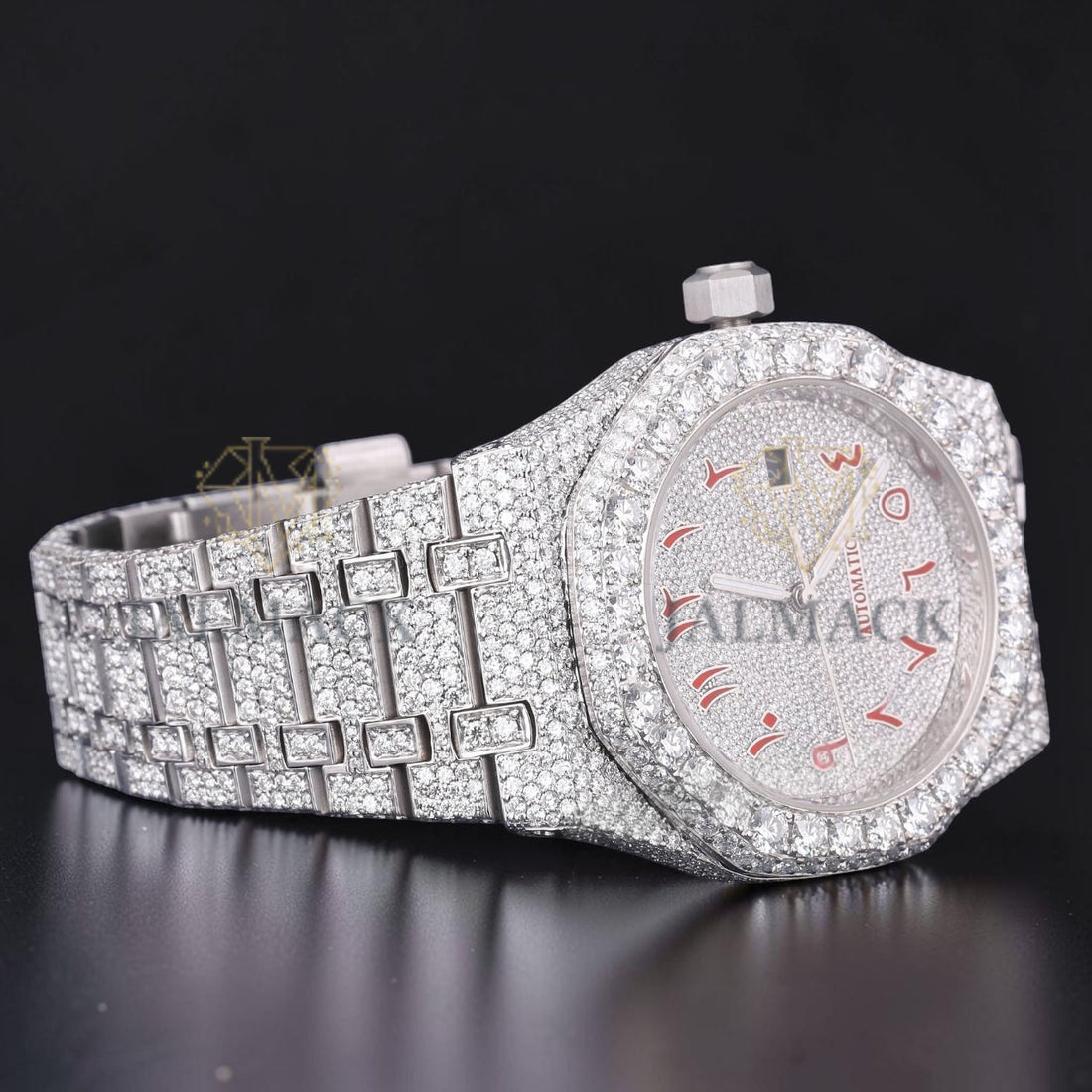 Red Arabic Letter Moissanite Diamond Dial Automatic Watch