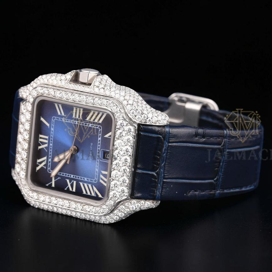Blue Dial VVS1 D Color Moissanite Diamond Square Automatic Watch