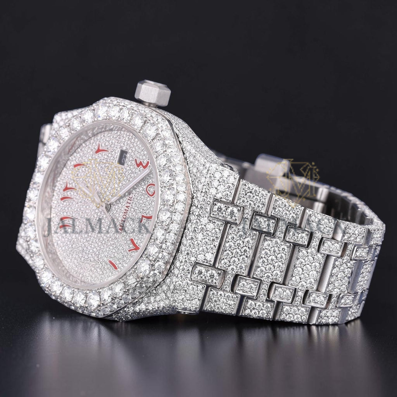 Red Arabic Letter Moissanite Diamond Dial Automatic Watch