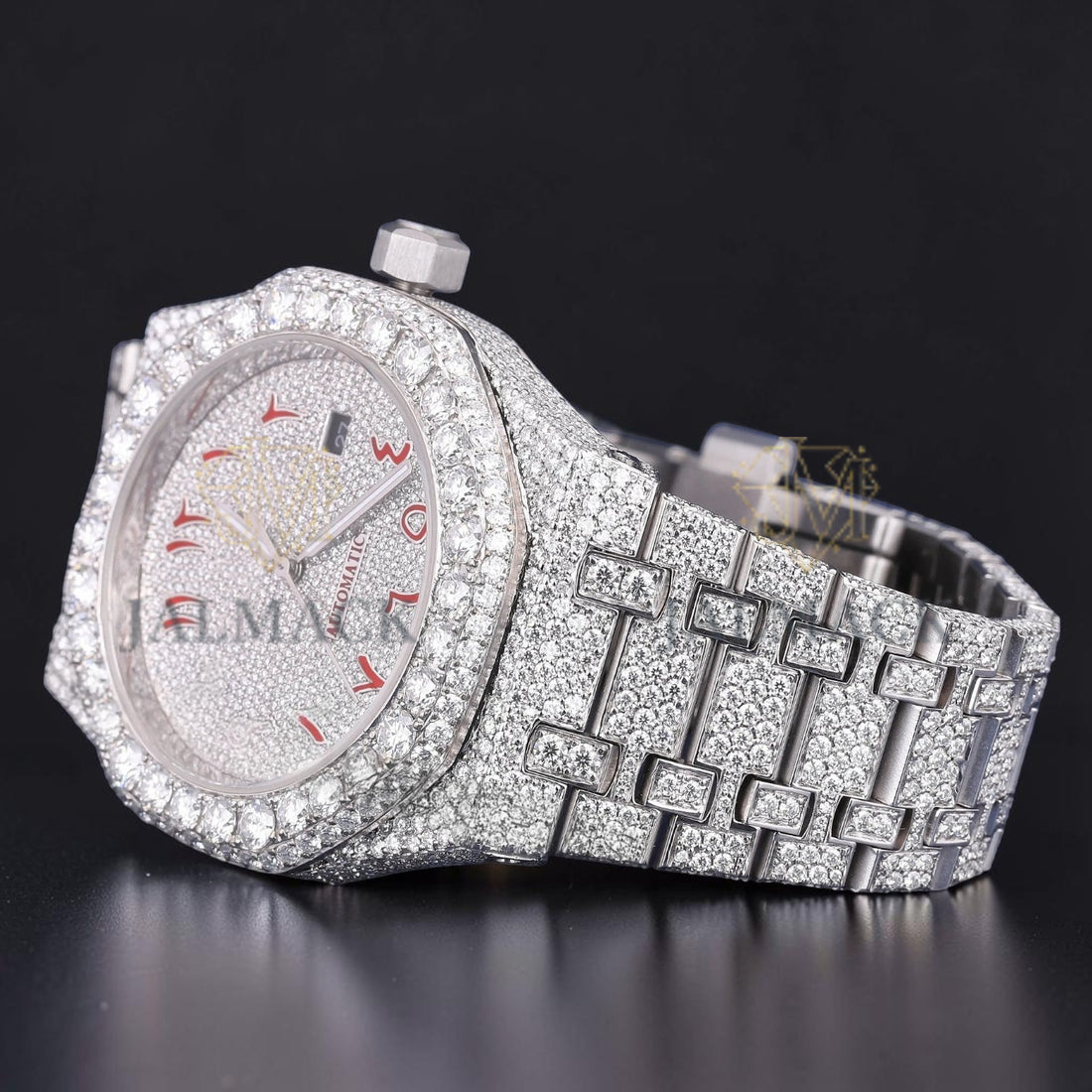 Red Arabic Letter Moissanite Diamond Dial Automatic Watch