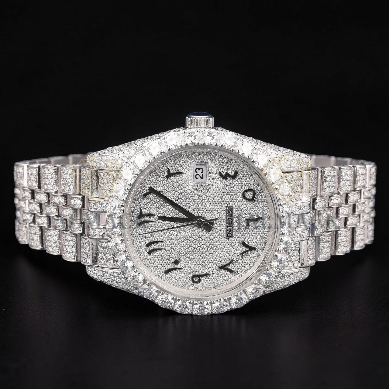 Luxury Silver Arabic Moissanite Day-Date Watch VVS1 D Color Fully Iced Out