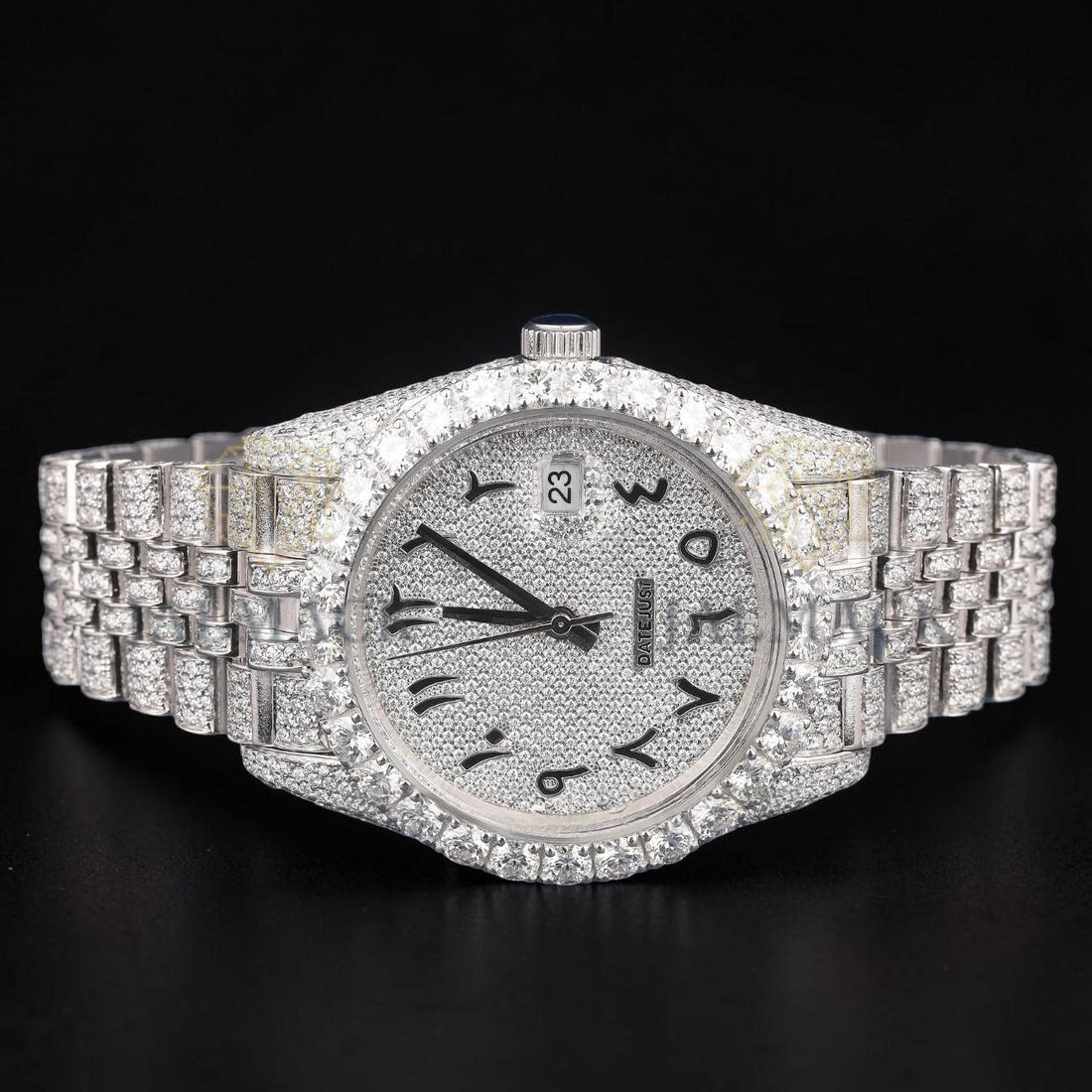 Luxury Silver Arabic Moissanite Day-Date Watch VVS1 D Color Fully Iced Out