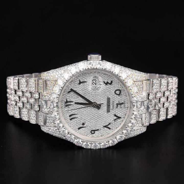 Luxury Silver Arabic Moissanite Day-Date Watch VVS1 D Color Fully Iced Out
