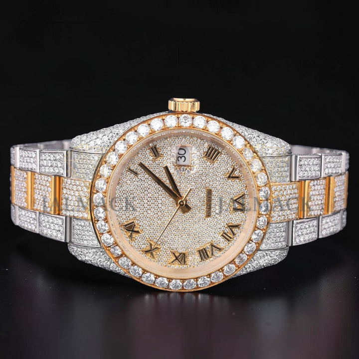 Luxury Gold Two Tone Moissanite Watch VVS1 D Color Fully Iced