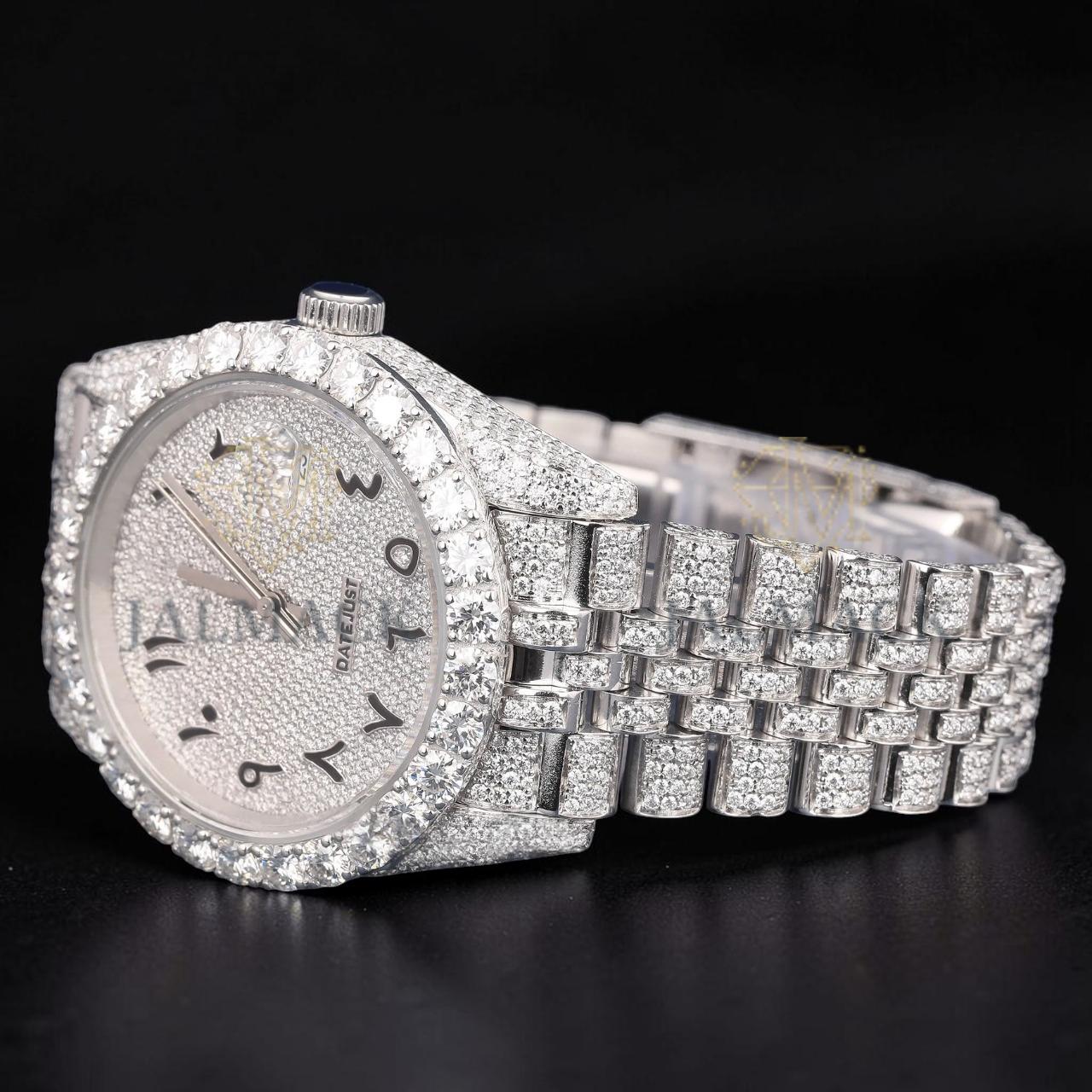 Luxury Silver Arabic Moissanite Day-Date Watch VVS1 D Color Fully Iced Out