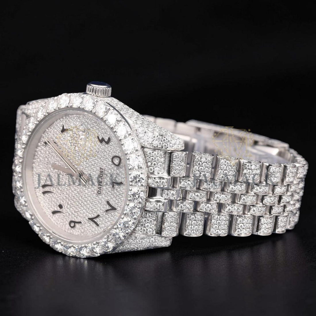 Luxury Silver Arabic Moissanite Day-Date Watch VVS1 D Color Fully Iced Out