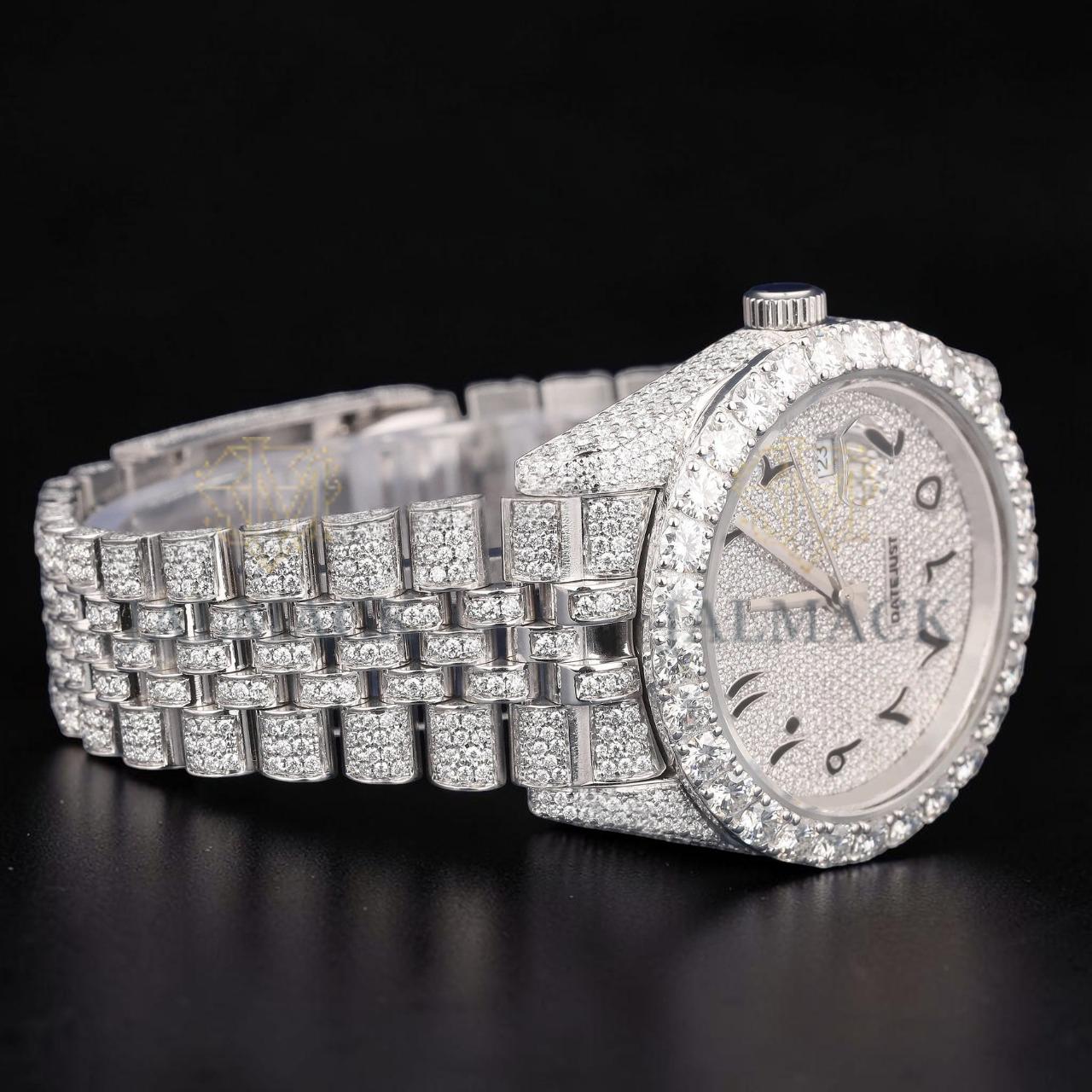 Luxury Silver Arabic Moissanite Day-Date Watch VVS1 D Color Fully Iced Out