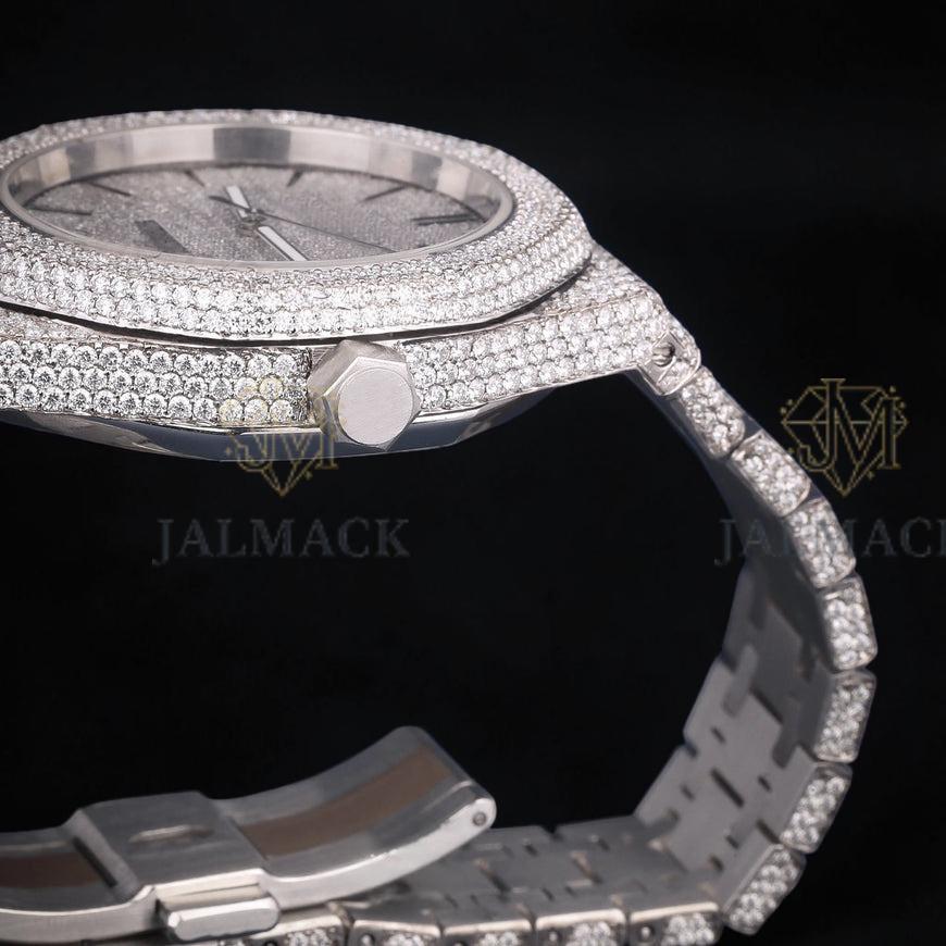 Luxury Silver Arabic Moissanite Day-Date Watch VVS1 D Color Fully Iced Out
