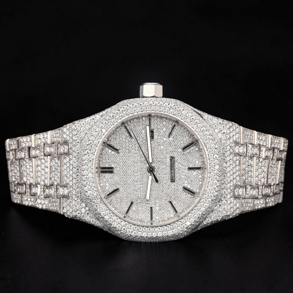 Silver Fully Iced Moissanite Date Watch VVS1 D Color Fully Iced Out