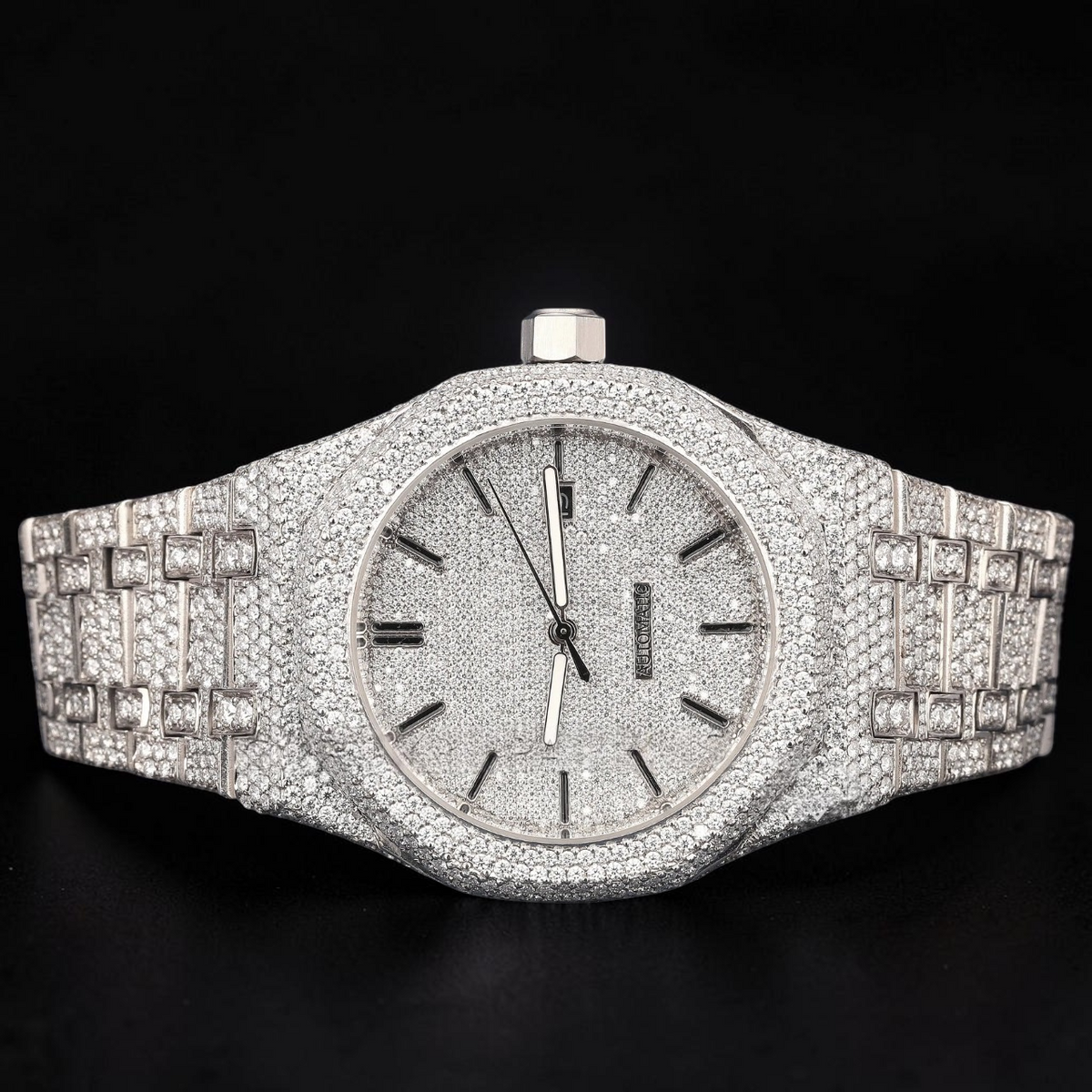 Silver Fully Iced Moissanite Date Watch VVS1 D Color Fully Iced Out