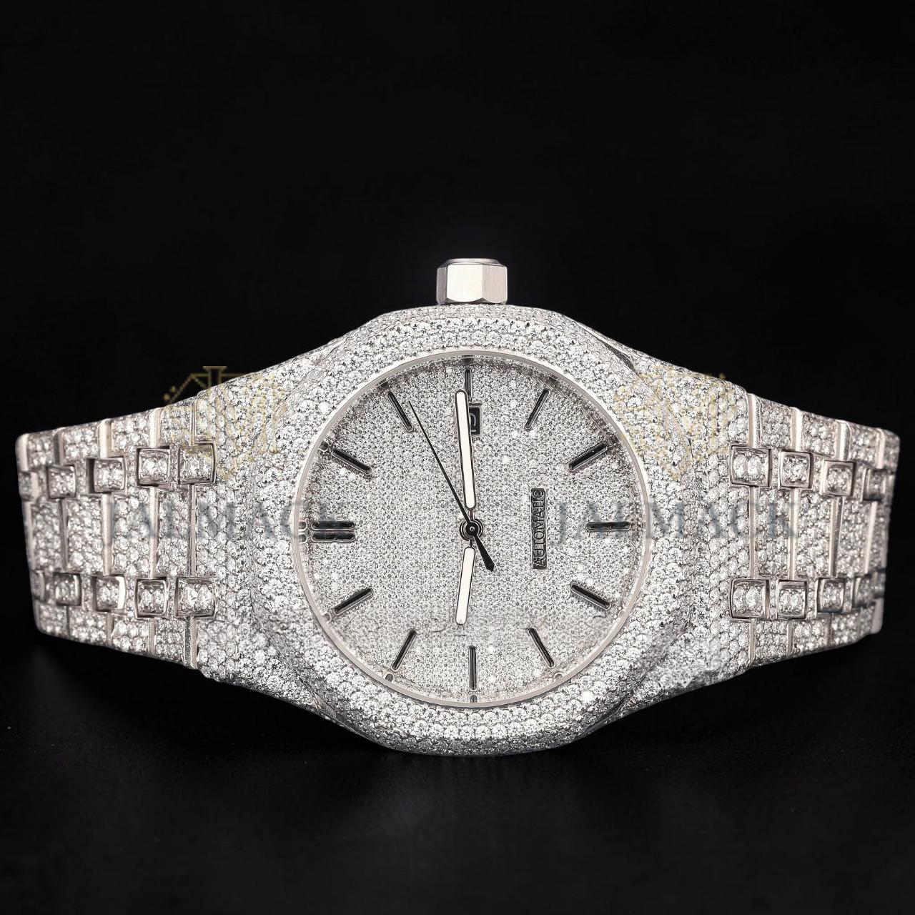 Silver Fully Iced Moissanite Date Watch VVS1 D Color Fully Iced Out