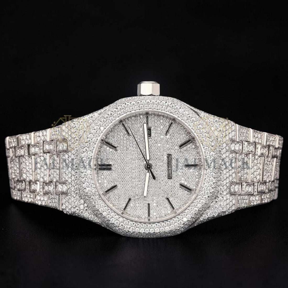 Silver Fully Iced Moissanite Date Watch VVS1 D Color Fully Iced Out