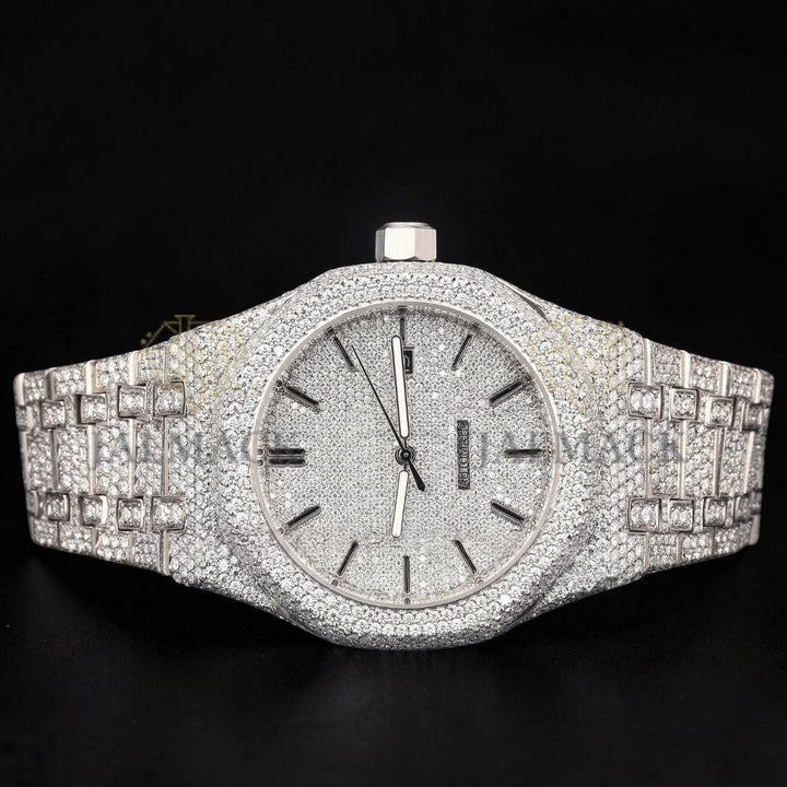 Silver Fully Iced Moissanite Date Watch VVS1 D Color Fully Iced Out