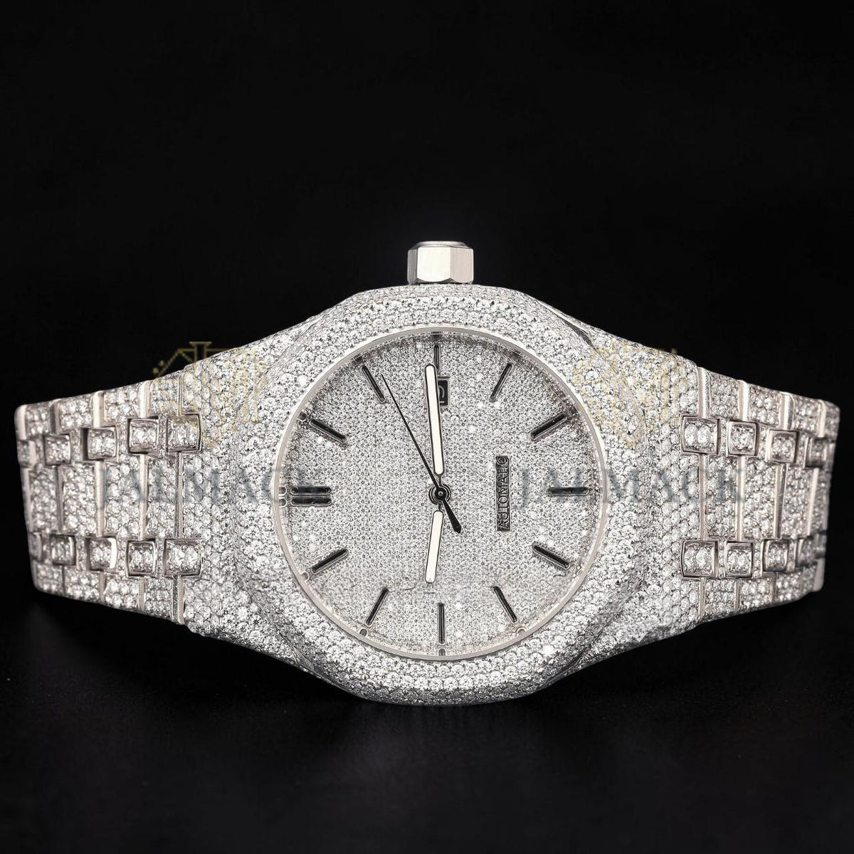 Silver Fully Iced Moissanite Date Watch VVS1 D Color Fully Iced Out