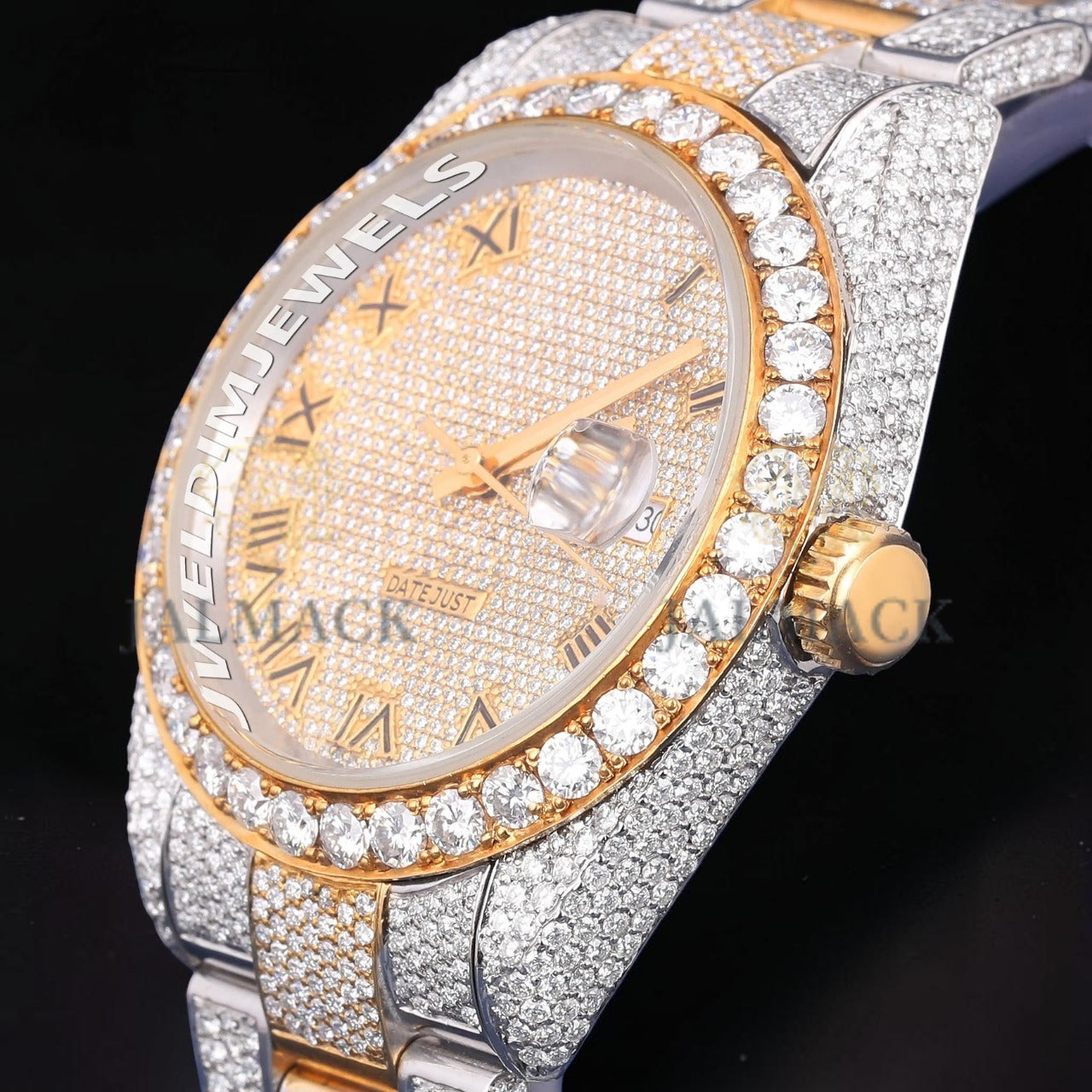 Luxury Gold Two Tone Moissanite Watch VVS1 D Color Fully Iced